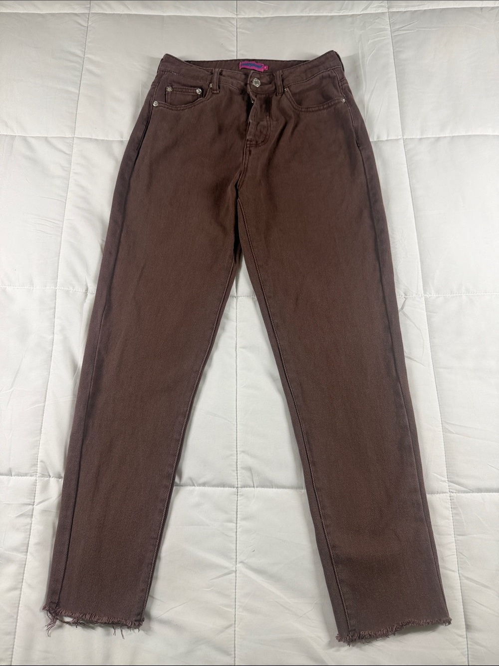 Edikted Women's Button Fly Straight Leg Jeans Raw Hem in Brown.